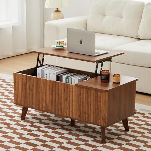 Mid-Century Modern Rectangular Wood Coffee Table with Dual Storage Shelf, Storage Center Coffee Tables with Waveform Panel Sliding Door Dining Table for Living Room Apartment(Walnut)
