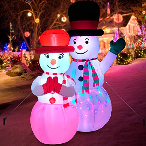FirstE 7 FT Inflatables Snowman, St Patrick's Giant Blow Up Snowman Couple Built-in Rotating Colorful LED Light, Wear Magic Hats and Striped Scarfs, Decor for Outdoor, Yard, Lawn