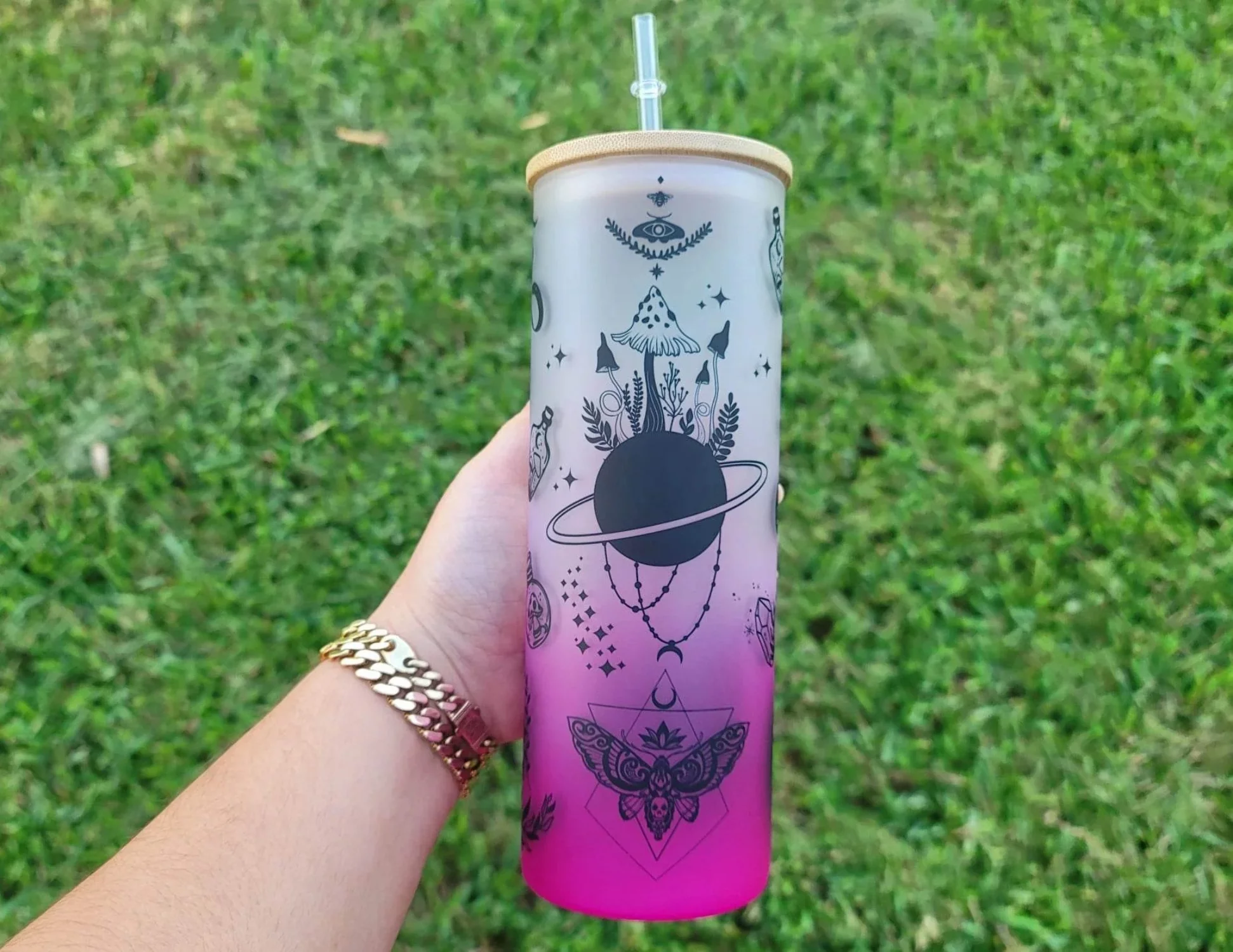 Mushroom Beer Can Glass | Boho Moth Coffee Glass | Aesthetic Coffee Glass | 24 oz