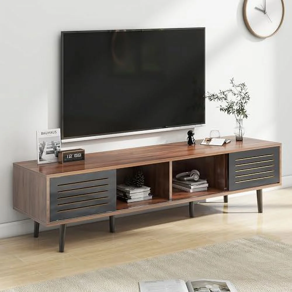 KHBIULIFE Mid Century Modern Retro TV Stand for 55/60/65 inch TV  Entertainment Center with  Cabinets and Open Compartments  Media Console  Solid Wood Feet  Cord Holes  for Living Room  B