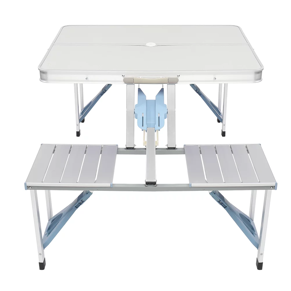 One Piece Folding Table and Benches Set Aluminum Height Adjustable Camping Table Portable Picnic Dining Table Lightweight Folding Card Table w/Handle for Indoor Outdoor Patio Backyard Party