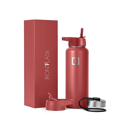 IRON °FLASK Camping & Hiking Hydration Flask with 3 Lids - Stainless Steel, Double Walled & Vacuum Insulated Water Bottle - Leak Proof & BPA Free (Midnight Black, Straw - 40 oz)