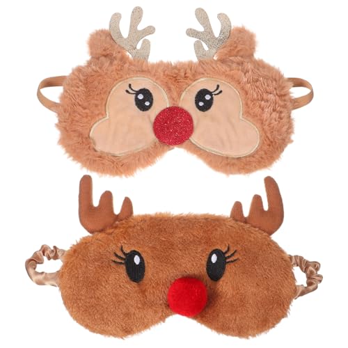 2 Pack Plush Sleep Mask: Christmas 3D Cute Deer Contoured & Breathable Night Sleep Eye Mask for Women Men, Adjustable Nose Bridge Blindfold for Travel, Nap, Shift Work, Meditation, Airplane, Bed