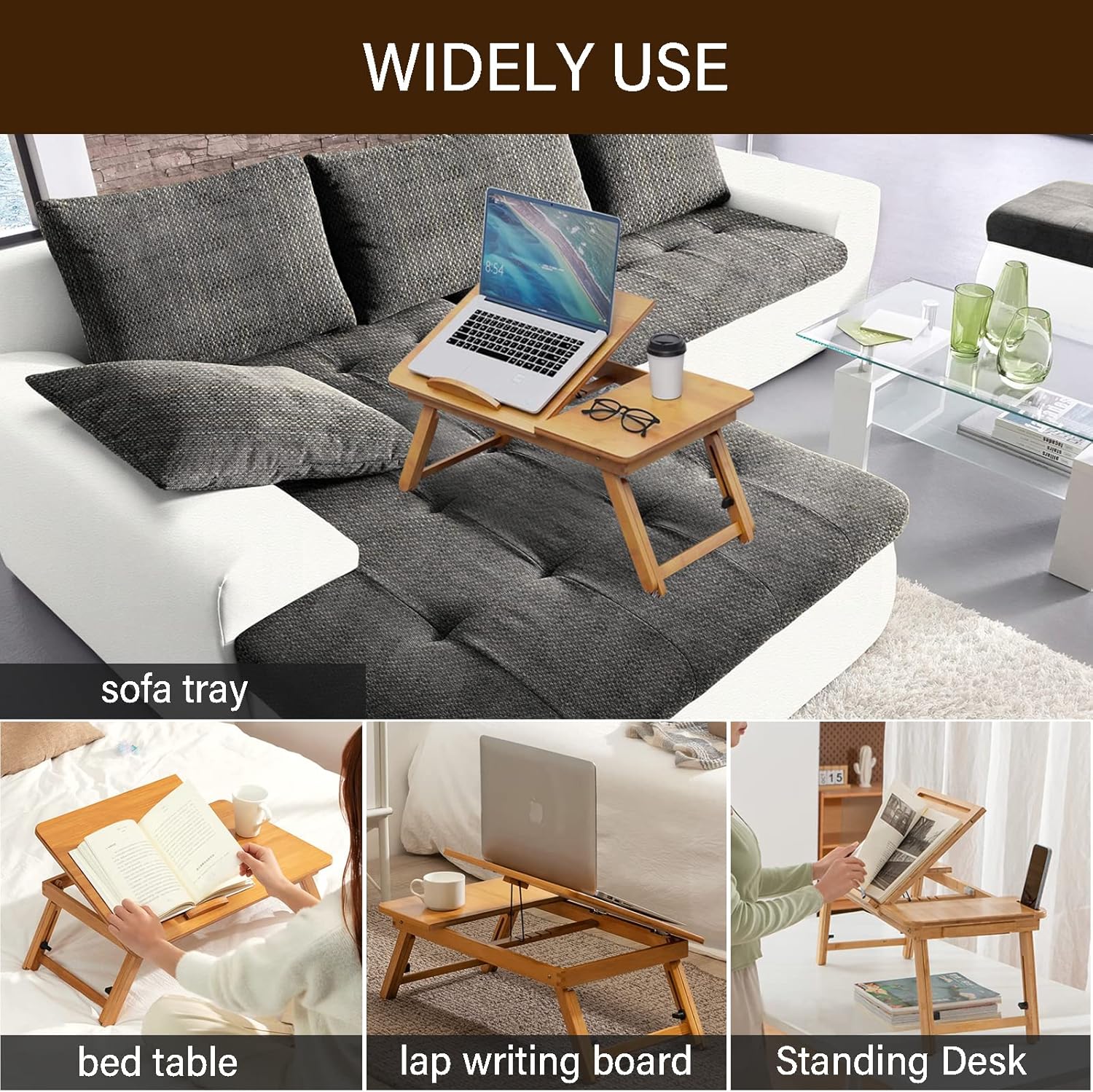 Laptop Desk Table Adjustable Bamboo Foldable Breakfast Serving Bed Tray Stand