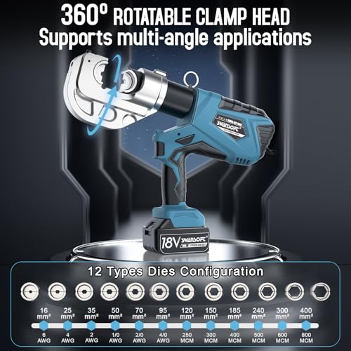 SWANSOFT Electric Hydraulic Cable Lug Crimping Tool, 12Ton 6AWG-800MCM Rechargeable Hydraulic Crimper for Cu/Al Terminal, Continuously Crimp Wire Crimping Tool Kit with 12 Dies,Yellow(HCT-400A)