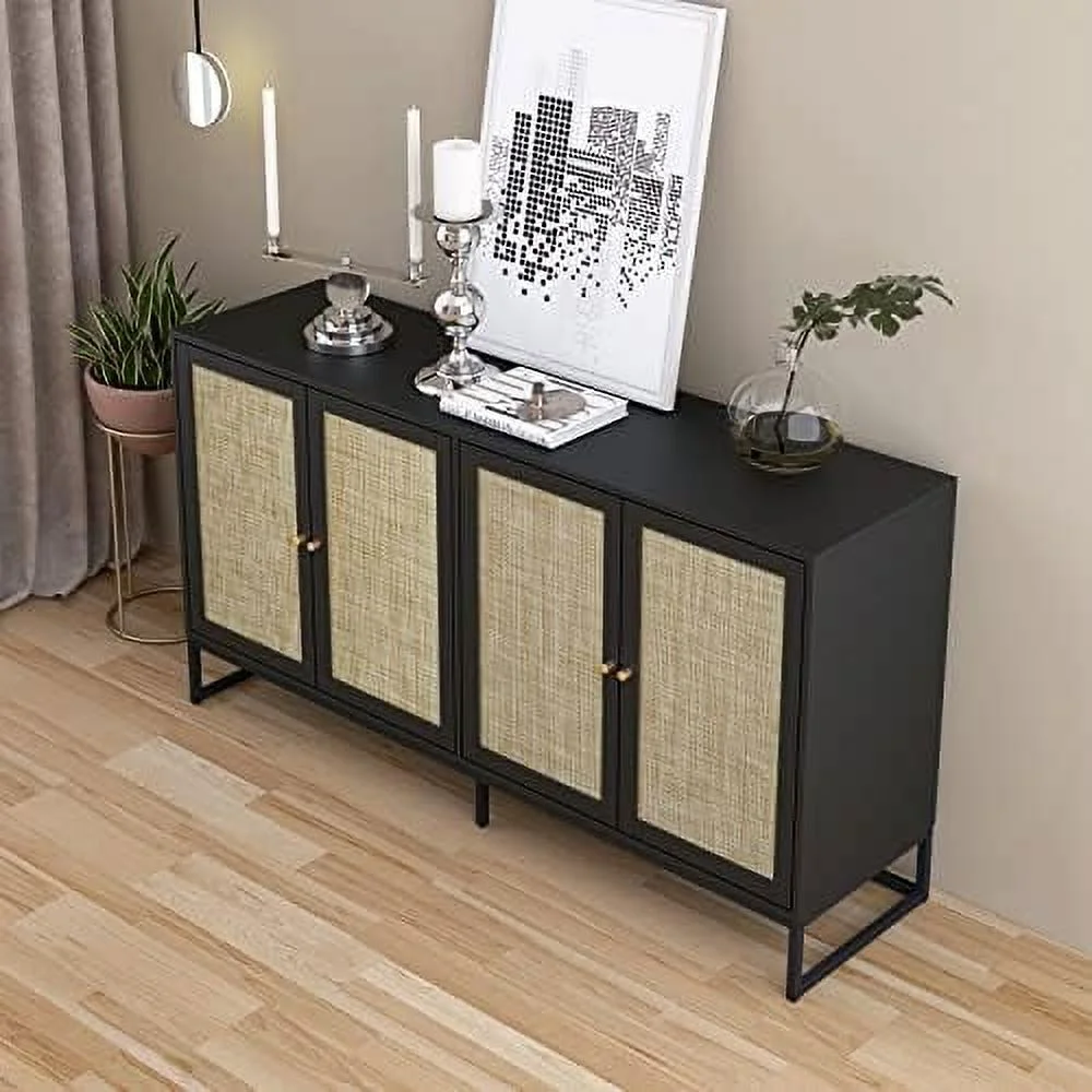 HJZUINIUNIU Modern Sideboard Cabinet  Accent  Cabinet with Rattan Doors and Adjustable Shelves  Freestanding Sideboard  Cabinet for Kitchen Dining Living Room Hallway Office (Black)