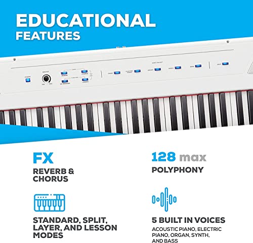 Alesis Recital – 88 Key Digital Piano Keyboard with Semi Weighted Keys, 2x20W Speakers, 5 Voices, Split, Layer and Lesson Mode, FX and Piano Lessons