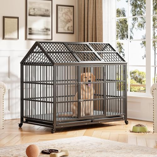 Heavy Duty Dog Crate for Large Medium Small Dogs, Indestructible Escape-Proof Dog Cage with Lockable Wheels and Removable Tray Slide-Out Tray Sturdy Metal Dog Kennel