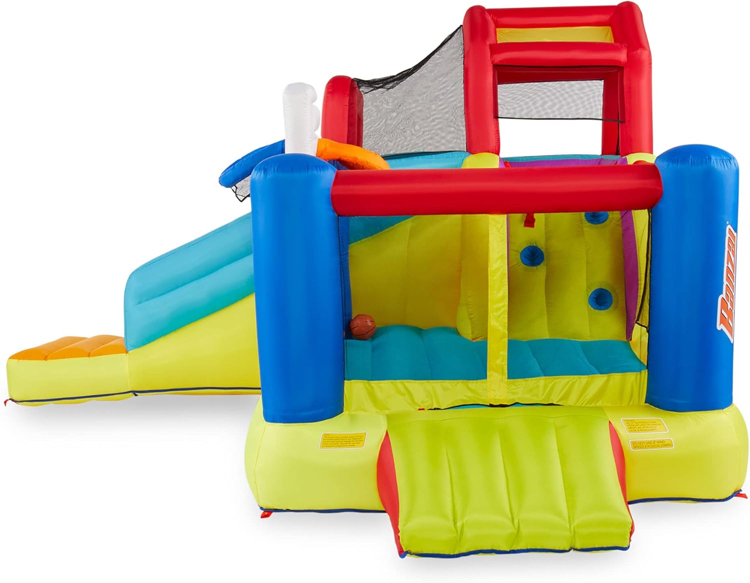Banzai Climb ’N’ Bounce Bounce House with Slides, Basketball Hoops, Soccer Ball, and Blower