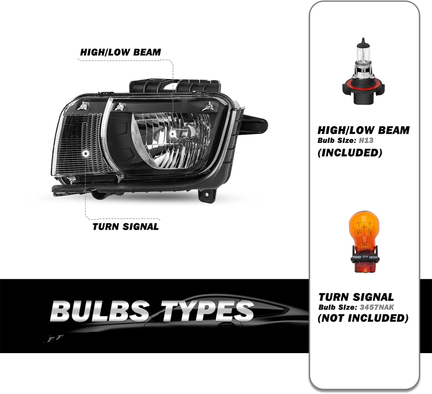 Headlight Assembly Fit for 2010 2011 2012 2013 Chevy Camaro OE Style Factory Halogen Front Headlamp Replacement LH+RH Black Housing Bulbs Included