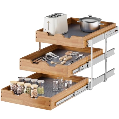 OCG 2 Tier Pull Out Drawers For Cabinets, Double Tier Slide out Wood Cabinet Organizer, Pull Out Shelves for Base Cabinet Organization in Kitchen, Pantry, Bathroom