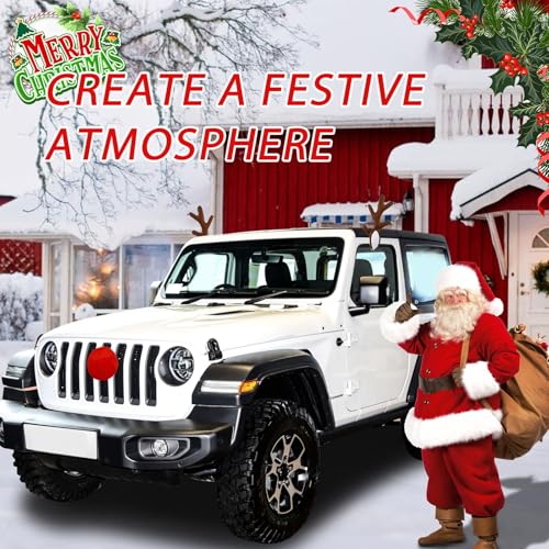 Christmas Car Reindeer Antlers with Ears and Nose - Festive Plush Antler Kit with Hanging Light - Universal Fit Rudolph Holiday Decoration for Car Window SUV Truck Xmas Gift