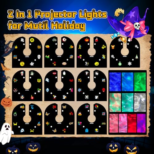 Halloween Projector Lights Outdoor, 2-in-1 HD Holiday Light Projector with Remote Control & Timer, IP65 Waterproof, 10 Slides & 10 Colors Ocean Wave Effects for Yard, Garden, House, Xmas Decorations