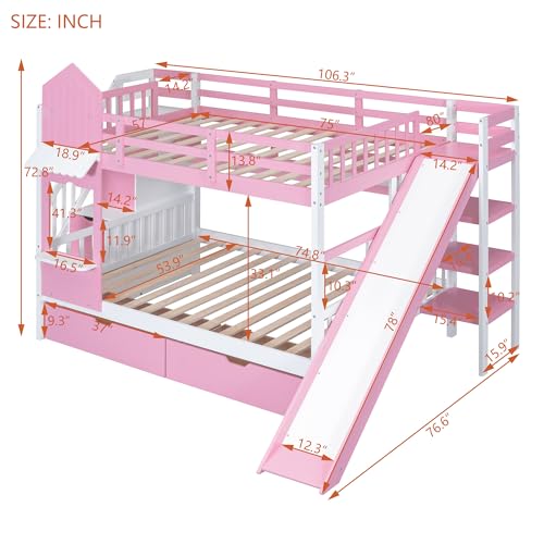 SOFTSEA Twin Over Twin Bunk Bed with Slide and Storage Solid Wood Bunk Bed Frame with Staircase and Drawers, Pink