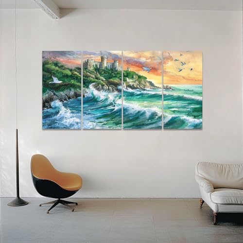 4 Piece Canvas Wall Art Print Pictures Bridge Watercolor Gentle Stream Framed Painting Posters Artwork Home Decor for Living Room Bedroom Bathroom Ready to Hang