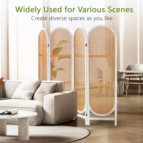 6 Panels Room Dividers and Folding Privacy Screens, Hand-Woven Rattan Room Divider Wall, Wood Room Divider Freestanding Room Partitions Screen for Home Office Bedroom, WhiteBrown