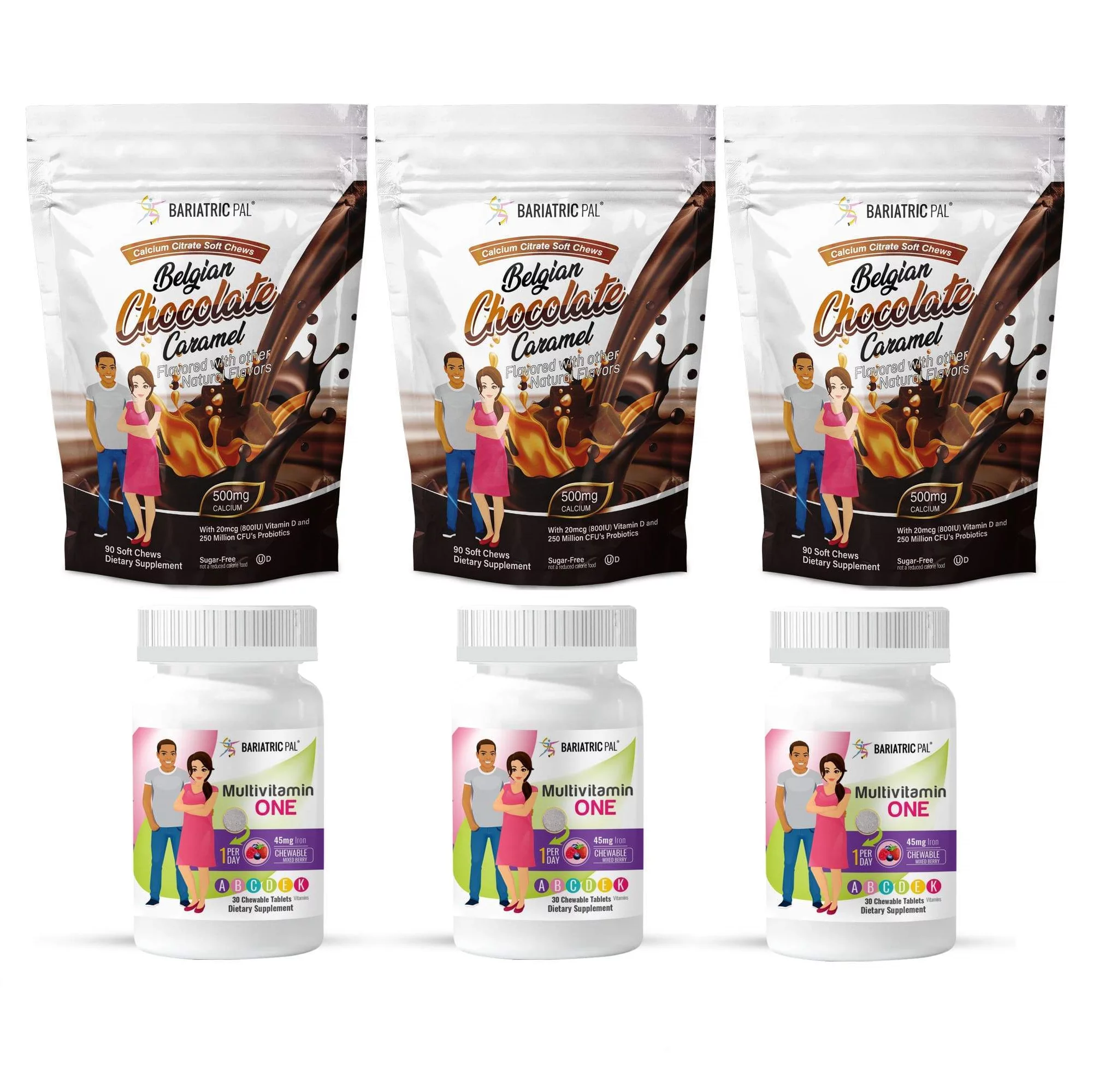 Duodenal Switch Vitamin Pack - Chewables Size: 3-Month Supply, BariatricPal Multivitamin ONE: Mixed Berry Chewable with 45mg Iron, BariatricPal Calcium Citrate Soft Chews: Belgian Chocolate Caramel