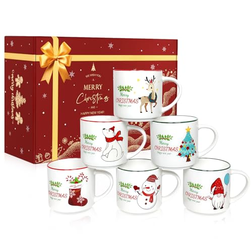 QIKSION Christmas Coffee Mugs Set of 6, 14oz Hot Chocolate Mugs, Cocoa Ceramic Mug, Perfect for Holiday Gifts
