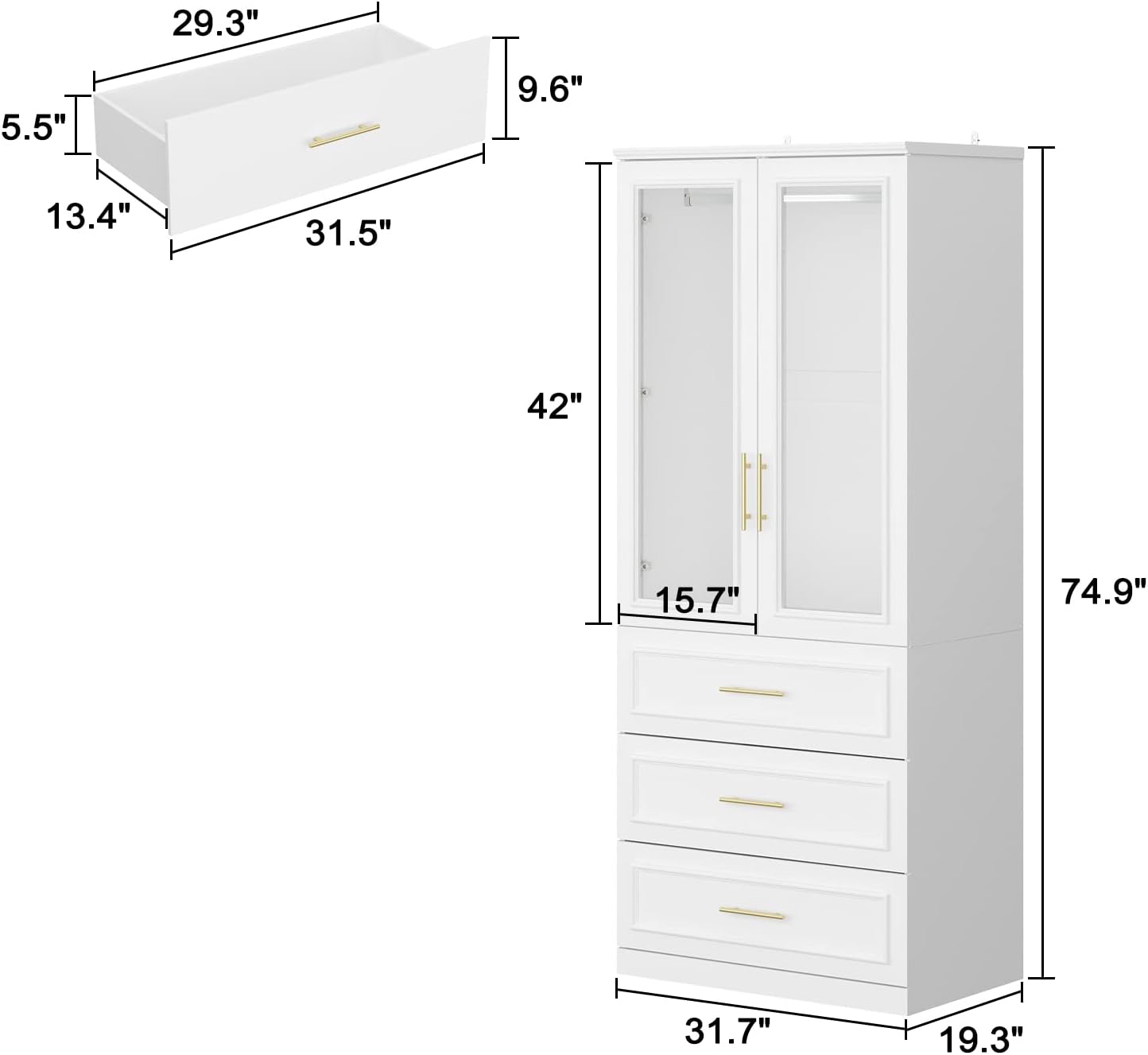 ECACAD Wardrobe Armoire with 2 Glass Doors, 3 Drawers & Hanging Rod, Wooden Closet Storage Cabinet for Bedroom, White (31.7”W x 19.3”D x 74.8”H)