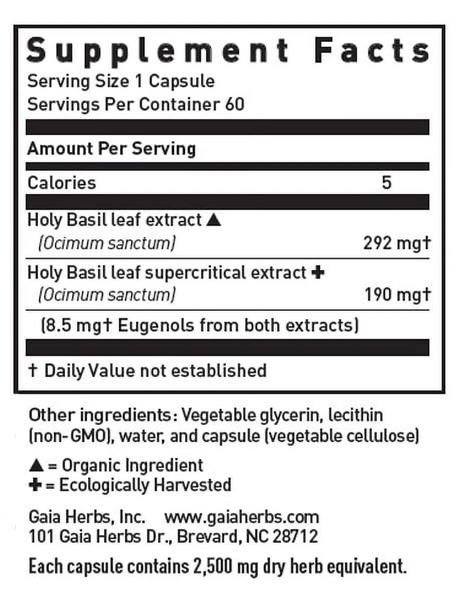 Gaia Herbs Holy Basil Leaf - 60 Vegan Liquid Phyto-Caps (30-Day Supply)