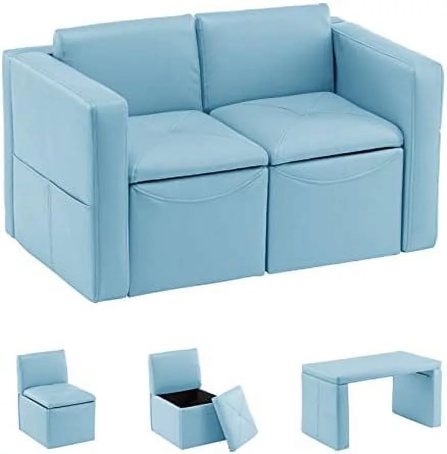 HJZBNONE \u2013Kids Sofa  2-in-1 Double Set Sofa Convert to Table & 2 Chairs  Toddler Lounge with Leather Surface  Children Boys Girls Couch Armrest Chair with  Box (ZKL-111K-Light Bl