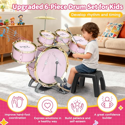 Toddler Drum Set for Kids - 5-Piece Kids Drum Set with Stool, Pedal & Drumsticks, Musical Toy Drum Kit for Boys & Girls Ages 2-6, Educational Baby Drum Set Gift for Toddlers