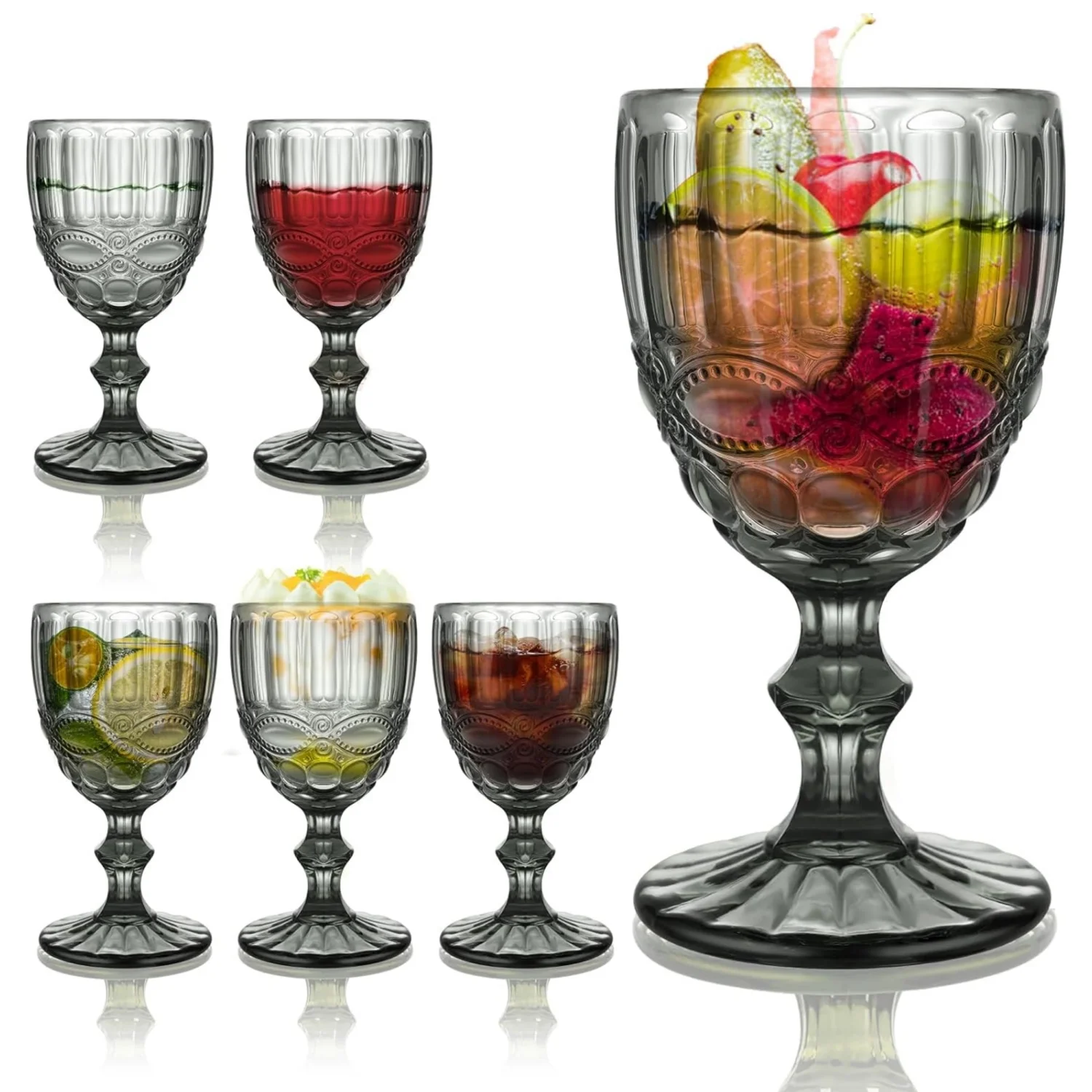 NIERBO Wine Glass Set of 6, 8 Ounce Somke Gray Serpentine Pattern Wine Goblets, Vintage Blue Drinking Glasses for Wedding Party Bar Holidays Anniversary