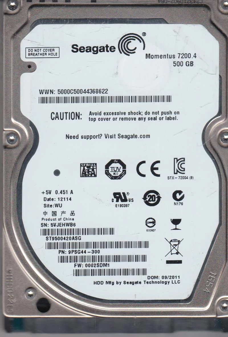 ST9500420ASG, 5VJ, WU, PN 9PSG44-300, FW 0002SDM1, Seagate 500GB SATA 2.5 Hard Drive