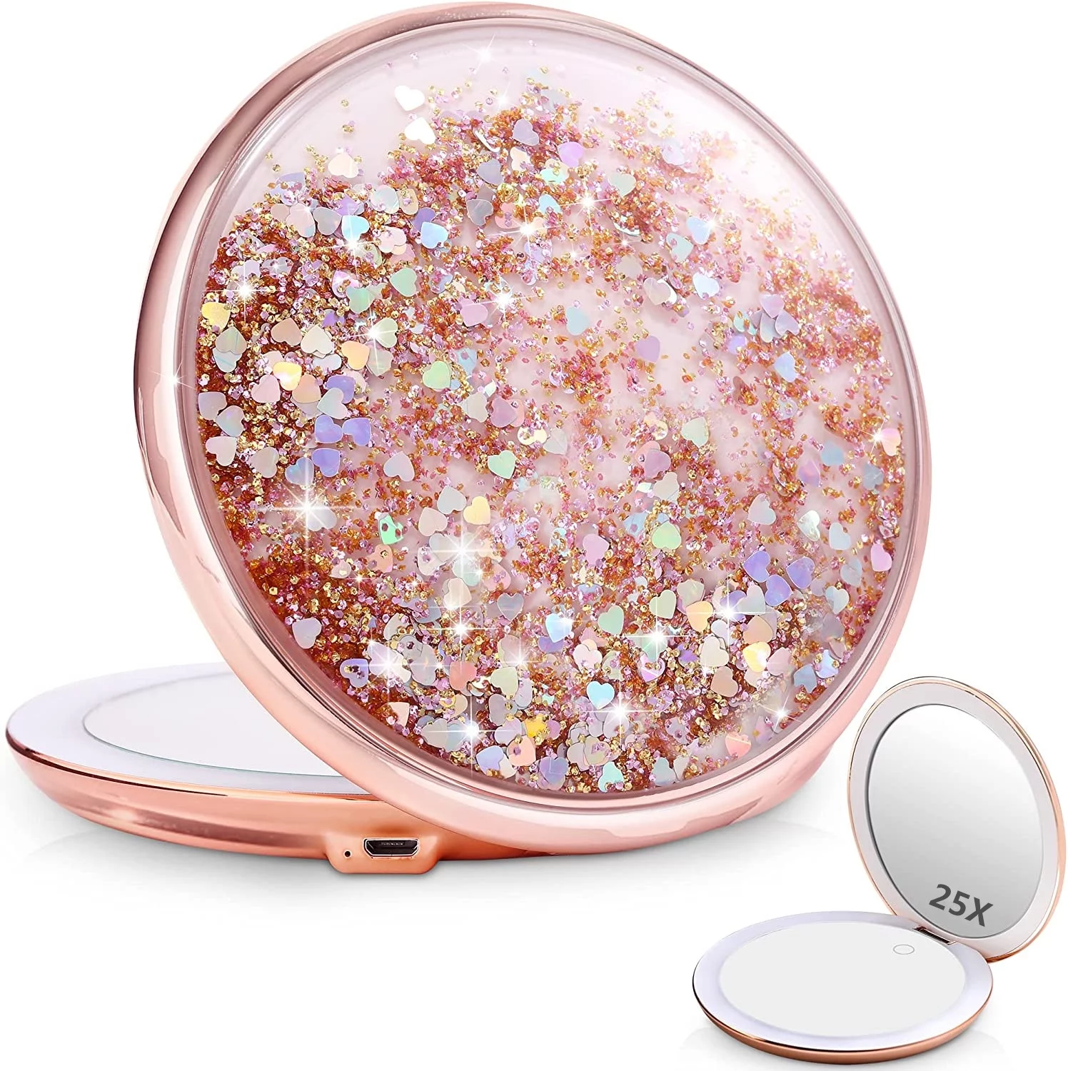 Makeup Mirror with Led Lights,1x/25x Magnification,Compact Liquid Bling Glitter Quicksand Portable Easy to Carry,5 inches,B Beauty Planet