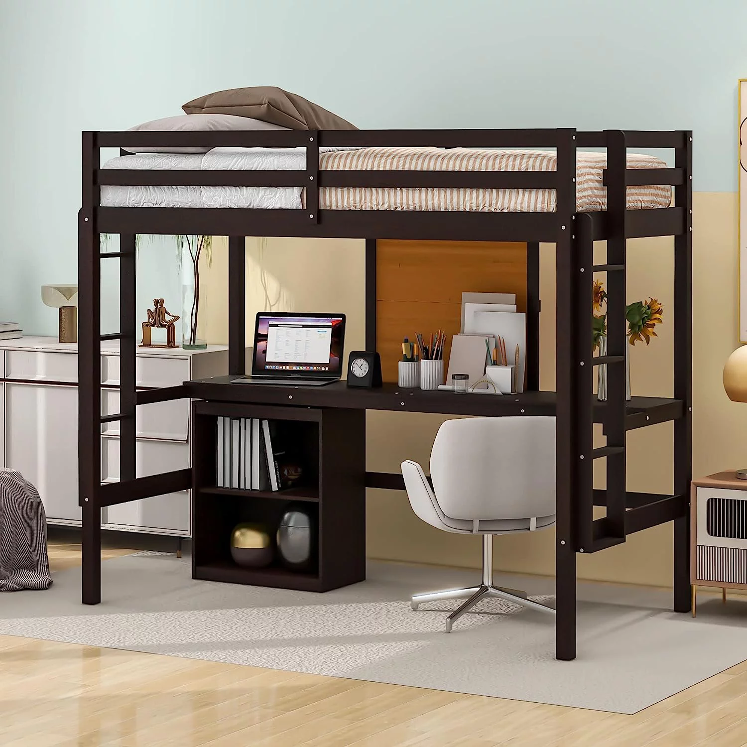 Twin Size Loft Bed Space Saving Kids Bed Frame with Desk 2 Drawers Cabinet and Writing Board