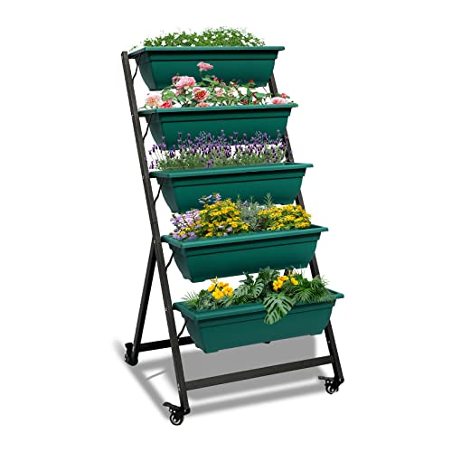 4.5Ft Vertical Garden Planter, Raised Garden Bed with Container 5 Boxes and Wheels Freestanding Vegetable Elevated Drainage Planters for Outdoor Plants Grow Flower Deck Patio Balcony Indoor, Green