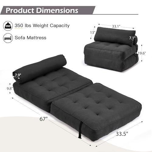 GYUTEI Folding Sofa Bed, Convertible Sleeping Chair with Backrest Support and Soft Corduroy Fabric，Fold Couch Bed with Pillow for Small Spaces/Living Room/Bedroom/Apartment, Single,Black-Linen Fabric