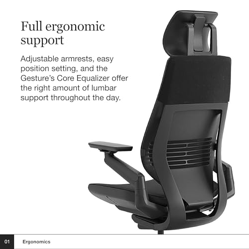 Steelcase Gesture Office Chair with Head Rest - Ergonomic Work Chair with Wheels for Carpet - Comfortable Office Chair - Intuitive-to-Adjust Chairs for Desk - 360-Degree Arms - Licorice Fabric