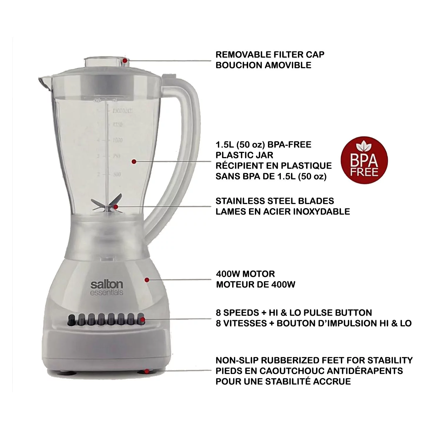 Salton Essentials 8-speed Blender with Pulse Button White