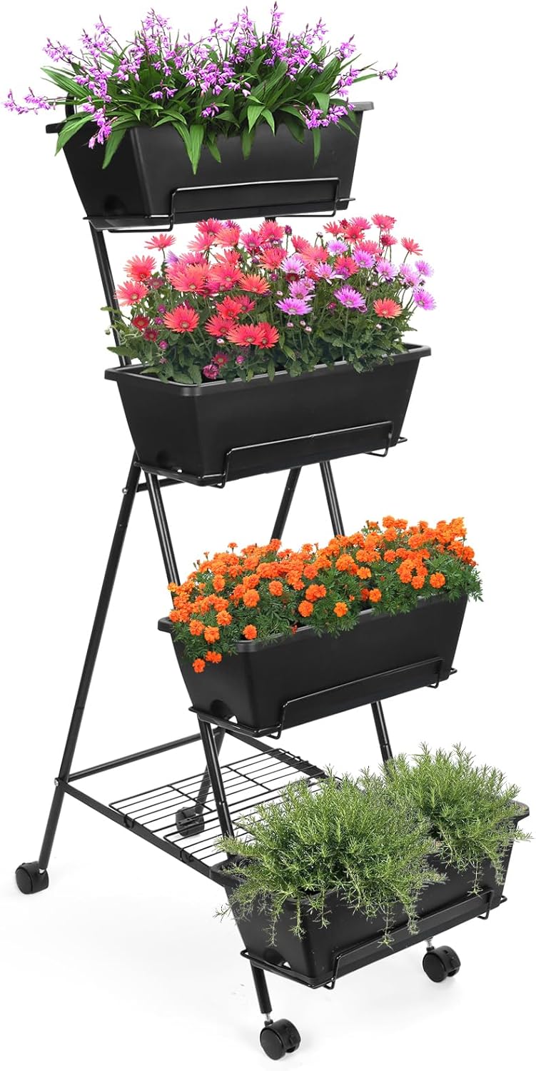 4 Tier Vertical Raised Garden Bed, Indoor Outdoor Raised Planter Box with Wheels, Movable Elevated Herb Garden Planter with Drainage Holes for Herbs Flowers Vegetables Plants
