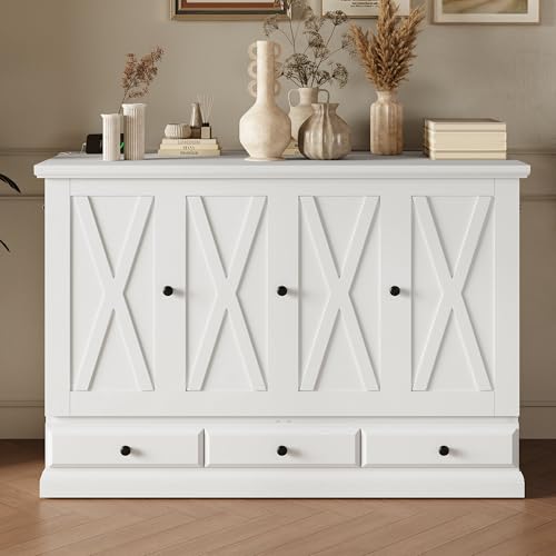Harper & Bright Designs Queen Size Murphy Bed, Solid Pine Murphy Bed Frame Cabinet with Charging Station and Large Drawer, White