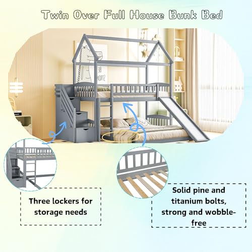 Twin Over Full House Bunk Bed with Stairs and Slide, Modern Bunk Bed Frame with Full-Length & Guard Rail, No Box Spring Needed, Gray