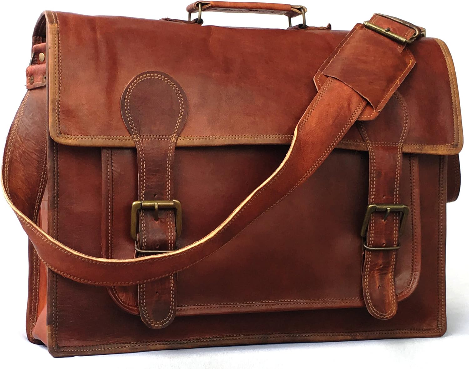 18 Inch Vintage Handmade Leather Travel Messenger Office Crossbody Bag Laptop Briefcase Computer College Satchel Bag For Men And Women