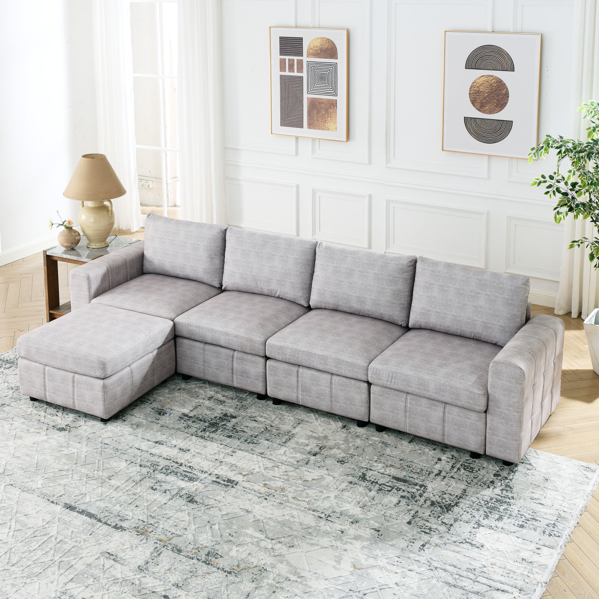[Video]Upholstered Modular Sofa, L Shaped Sectional Sofa for Living Room Apartment(4-Seater with Ottoman)