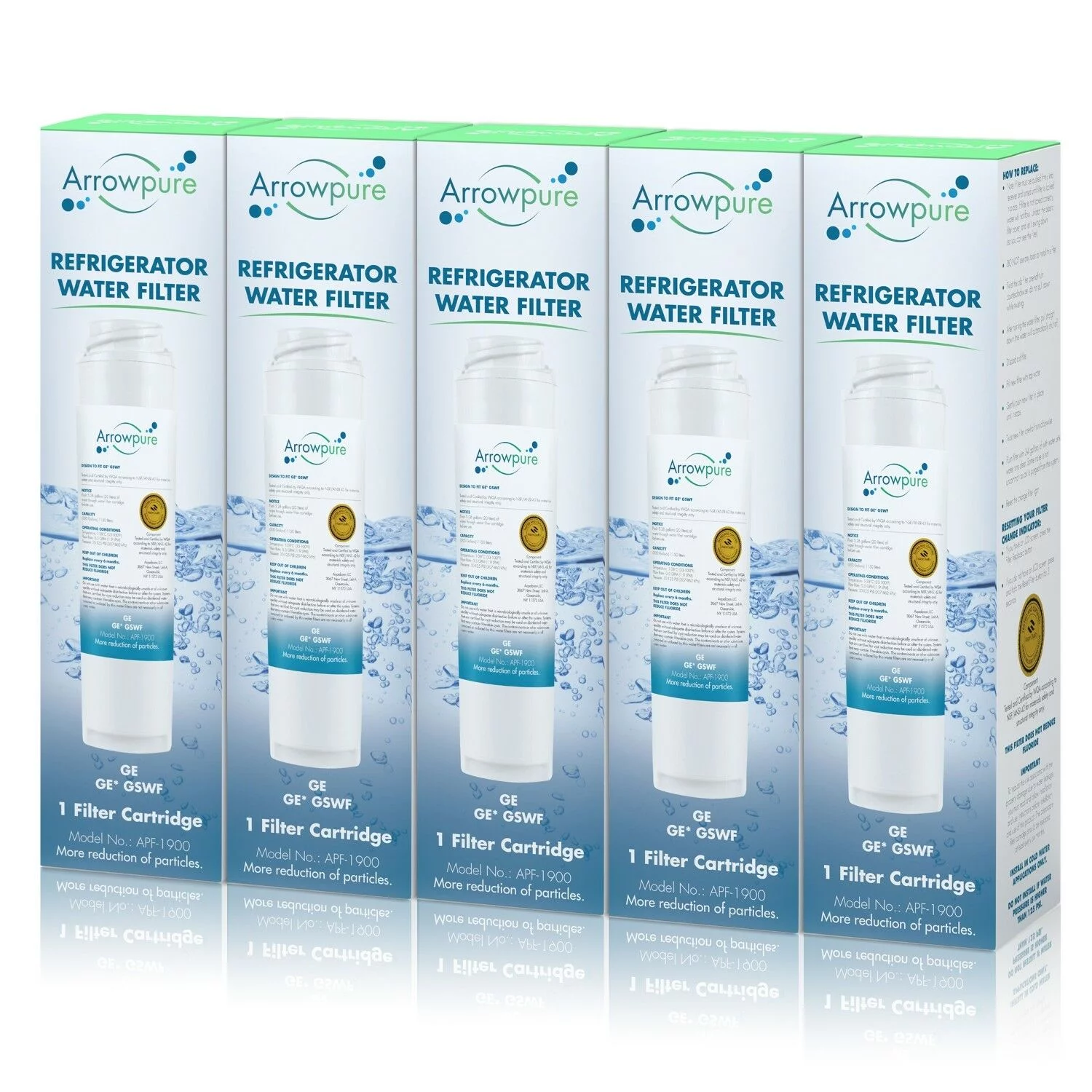 Arrowpure GSWF SmartWater Refrigerator Water Filter Replacement Cartridge | Certified According to NSF 42&372 | Compatible with GE PTS25LHP, PS951515, AP3418061, PTS22SHSARSS, GTS18SHSVRSS, 5 Pack