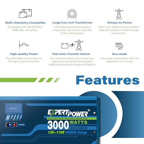 ExpertPower 3000W Pure Sine Wave Inverter Charger | Peak 9000W | DC 12V - AC 110V | LifePO4/ Lithium Battery Compatible | Auto Transfer Switch | LCD Display