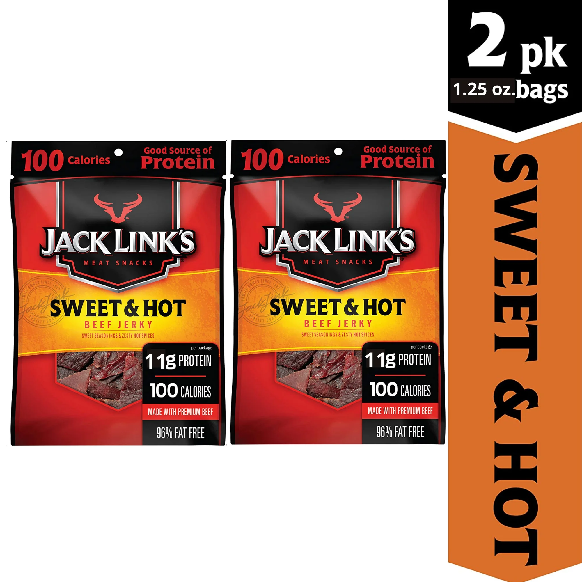 Jack Link’s Beef Jerky Sweet and Hot Flavorful Meat Snack for Lunches, Ready to Eat ,11g of Protein, Made with 100%  Premium Beef, No Added MSG or Nitrates, 1.25 Oz. Each, 2 Bags