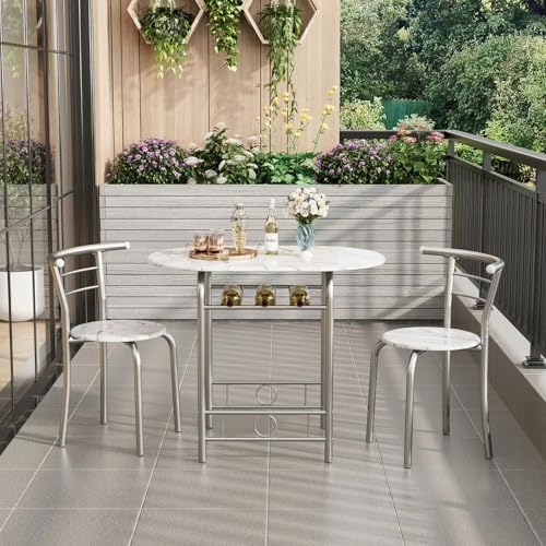 Shahoo 3-Piece Wooden Dining Table Set, Kitchen Breakfast Nook Sets with 2 Chairs & Round Tabletop, Space Saving Furniture Metal Frame and Built-in Wine Rack, Walnut