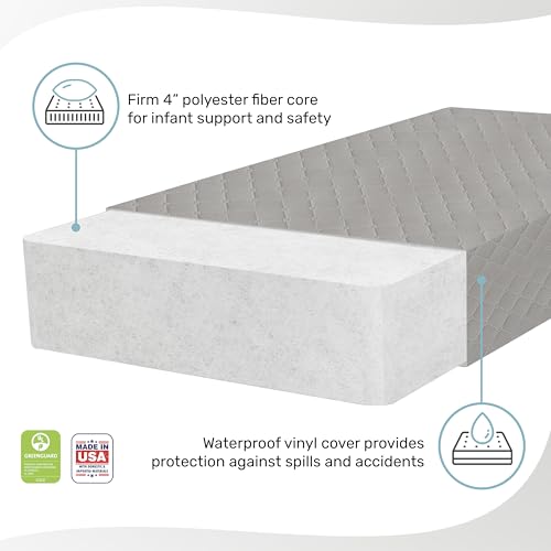 Dream On Me Asheville 4” Firm Fiber Crib And Toddler Mattress | Waterproof | GreenGuard Gold Certified | Dual-Sided Mattress | Grey Embossed Cover | Lightweight Reversible Design