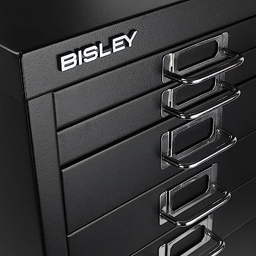 Bisley 10-Drawer Steel MultiDrawer Cabinet - Black, Chrome Pull Handles with Label Holders, Powder-Coated Steel, Removable Drawers, Fits Under Most Desks, Labels Included