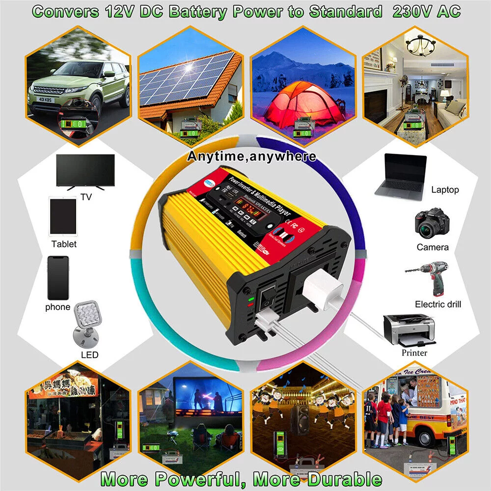 1500W Power Inverter - Car Power Inverter DC 12V to AC 110V Car Converter with LED Display Remote, Yellow