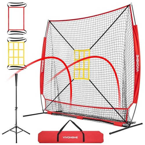 VIVOHOME Baseball Softball Hitting Net with Large Ball Collection System, 7 x 7 ft Baseball Batting Pitching Net with Tee, 2 Strike Zone, Carry Bag