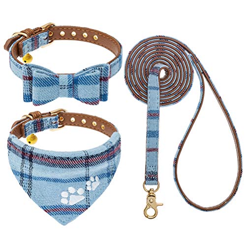 EXPAWLORER Dog Collar and Leash Set - Embroidery Pawprints Plaid Dog Collar and Dog Leash Set, Bow Tie and Bandana Dog Collar, Adorable Collar and Leash for Dogs Cats Outdoor Walking, Blue M