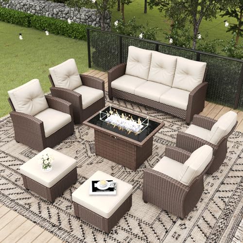 4 Pieces Patio Furniture Set with Fire Pit Table, Outdoor Wicker Rattan Swivel Chair Sets Thick Cushion All Weather for Deck Outside and Poolside