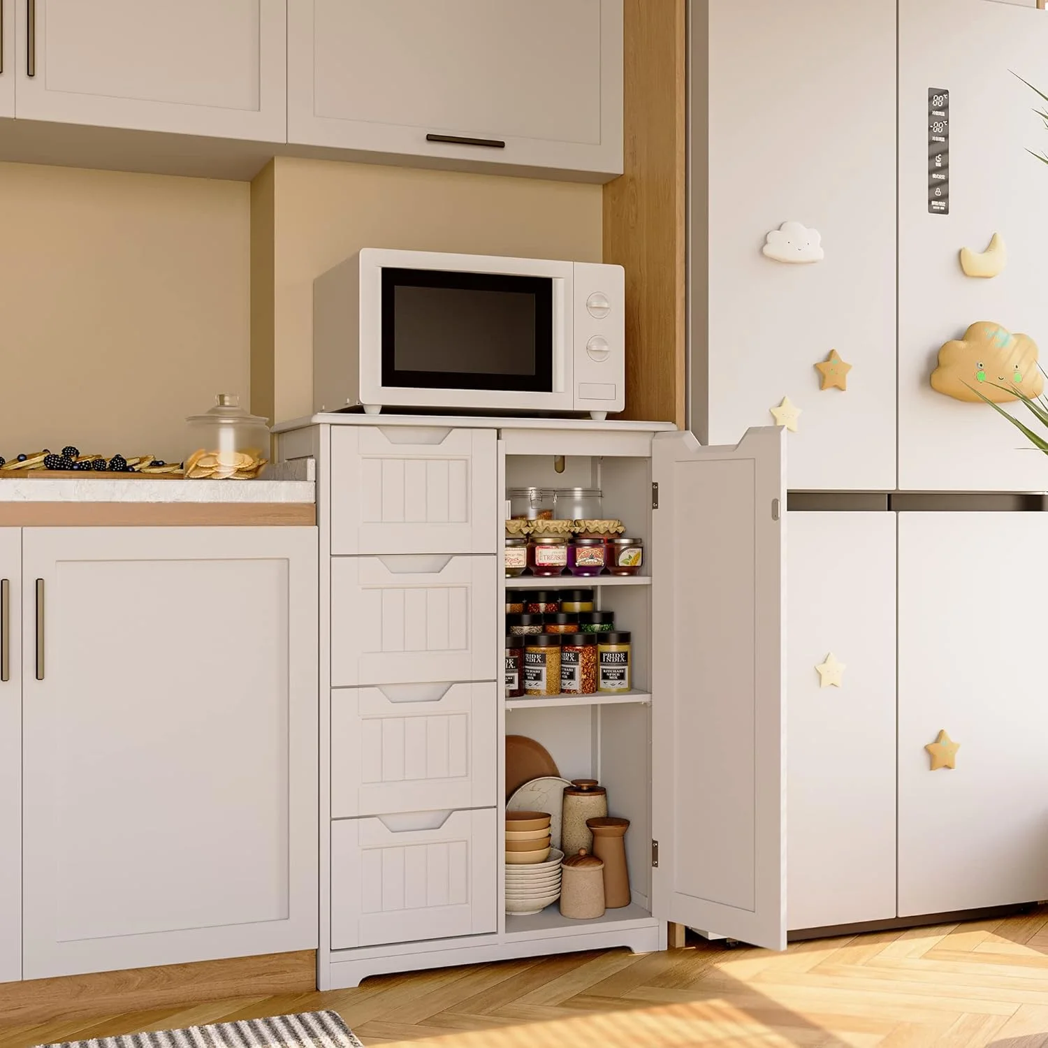 Small Kitche Patry Storage Cabiet With Door Ad Shelves, Patry Cabiet Storage Cupboard, stadig Woode Dresser With 4 Drawers For Bathroom Ad Diig Room, White